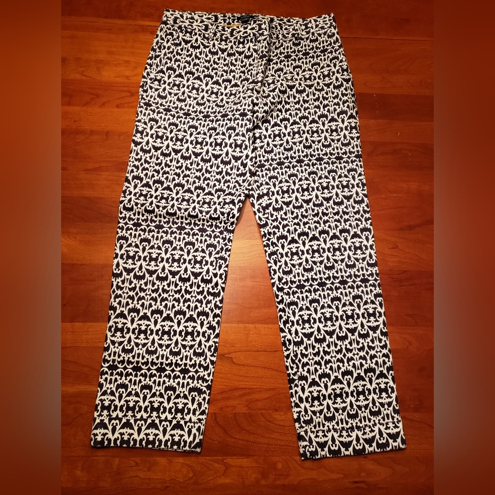 J. Crew "City Fit" Cuffed Trousers,  Size 2, navy on white print.